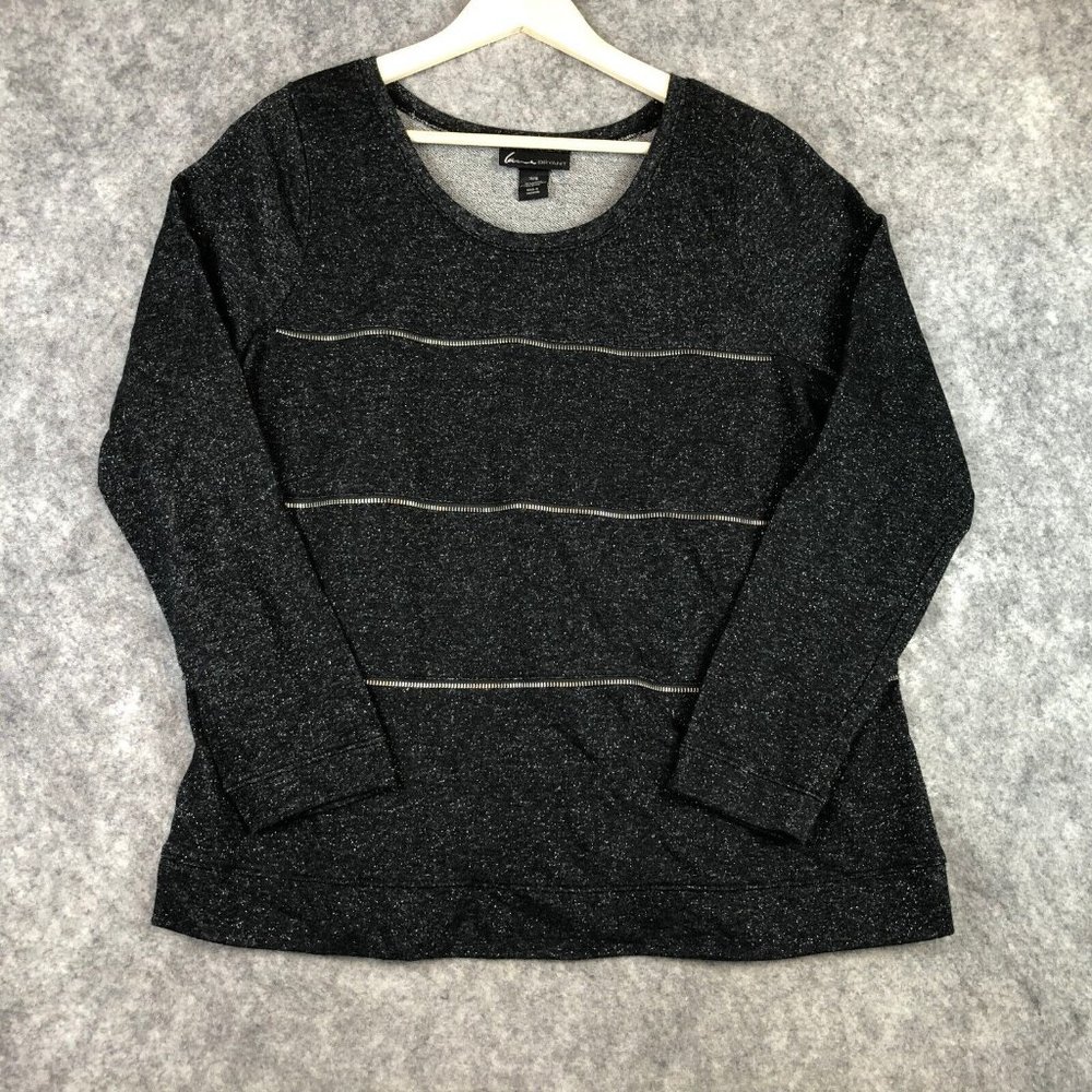 Lane Bryant Sweater 14 16 1X Zipper Accent Black Marled Knit Crewneck Pullover